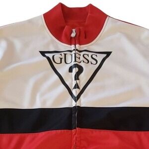 Mens Guess Track Jacket Red White Black Colorblock Logo Full Zip Y2K Size L